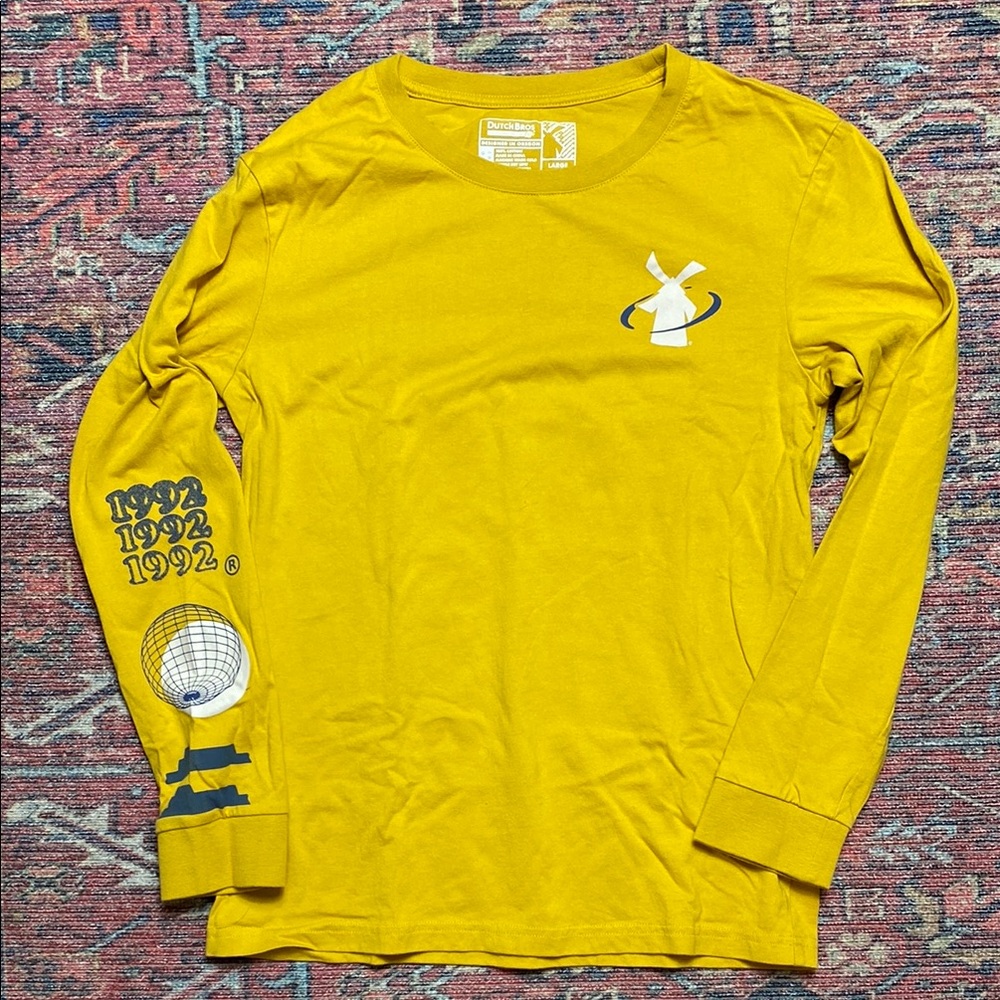 Dutch Bros Coffee Mustard Long Sleeve Graphic Tee Kids Large‎ Women's Small EUC